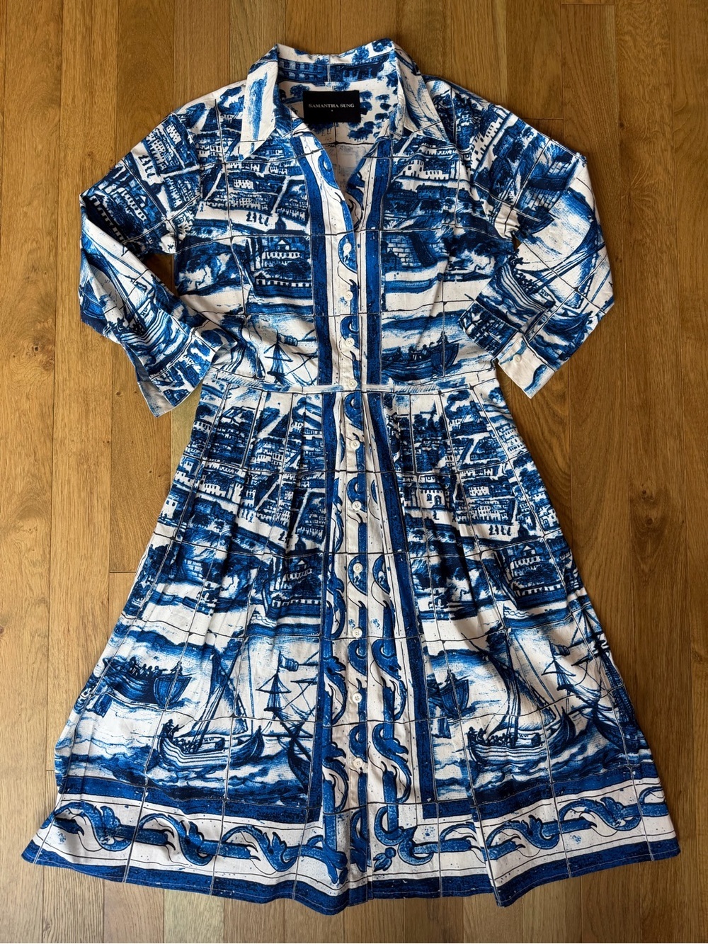 💙⛵️SAMANTHA SUNG - Blue & White Scenic Print Toile Dress - Luxury Cotton Dress